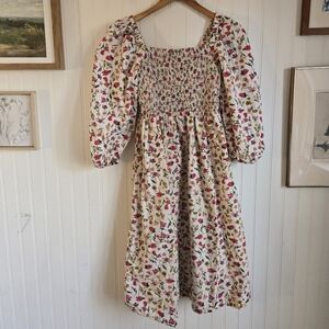 J. Crew Cream Floral Smocked Midi Dress with Pink & Green Floral Print